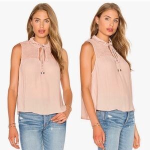 Free People Revolve Ruffle Me Up Pink Button Tie Front Smocked V Neck S Tank Top